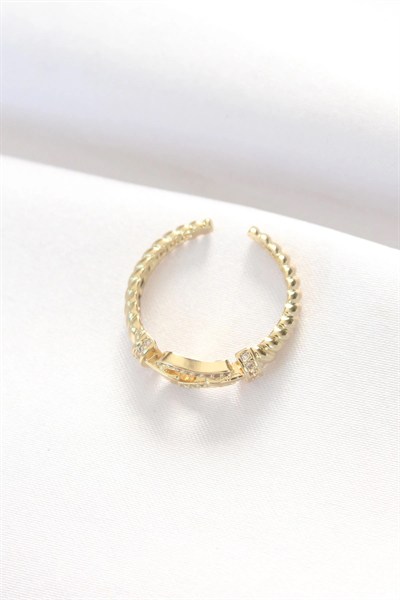 Mey İthalat® Kemer Tokası Tasarımlı Gold Renk Zirkon Taşlı Ayarlanabilir Yüzük