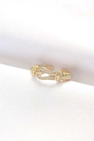 Mey İthalat® Kemer Tokası Tasarımlı Gold Renk Zirkon Taşlı Ayarlanabilir Yüzük