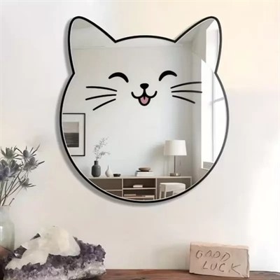 Mey İthalat® Kırılmaz Pleksi Gülen Kedi Duvar Aynası - 35x35 cm Çocuk ve Bebek Odası Dekoratif Ayna