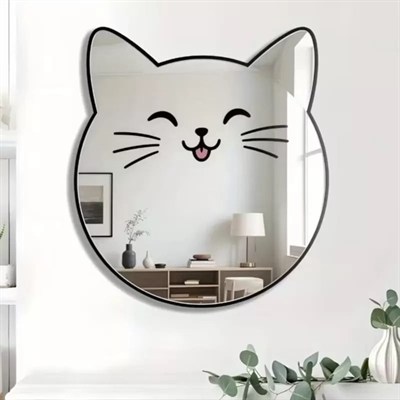 Mey İthalat® Kırılmaz Pleksi Gülen Kedi Duvar Aynası - 35x35 cm Çocuk ve Bebek Odası Dekoratif Ayna