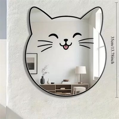 Mey İthalat® Kırılmaz Pleksi Gülen Kedi Duvar Aynası - 35x35 cm Çocuk ve Bebek Odası Dekoratif Ayna