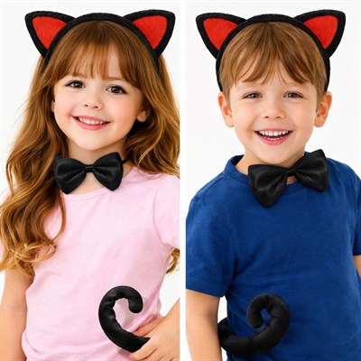 Mey İthalat® Kırmızı Kulaklı Kedi Kostüm Seti – Taç Papyon Kuyruk 3 Parça