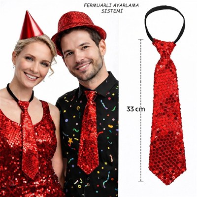 Mey İthalat® Kırmızı Renk Pul Payetli Işıltılı Parti Kravatı 33 cm