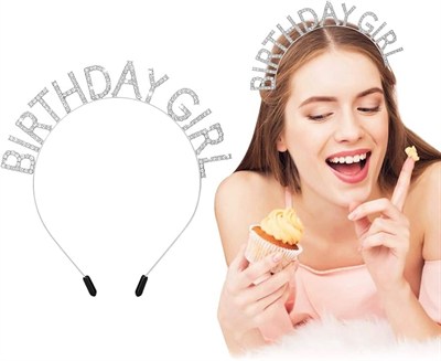 Mey İthalat® Kristal Taşlı Gümüş Birthday Girl Yazılı Doğum Günü Parti Tacı 19x11 cm