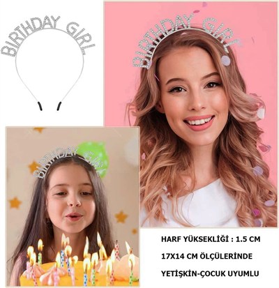 Mey İthalat® Kristal Taşlı Gümüş Birthday Girl Yazılı Doğum Günü Parti Tacı 19x11 cm