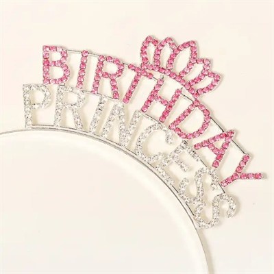 Mey İthalat® Kristal Taşlı Pembe Birthday Princess Yazılı Parti Tacı 19x11 cm