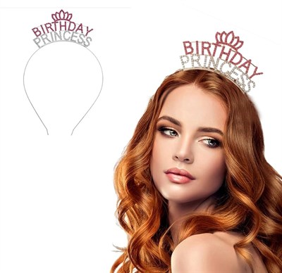 Mey İthalat® Kristal Taşlı Pembe Birthday Princess Yazılı Parti Tacı 19x11 cm