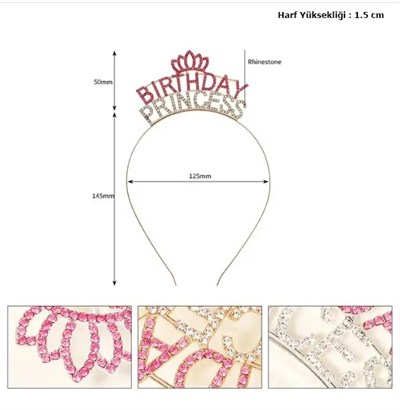 Mey İthalat® Kristal Taşlı Pembe Birthday Princess Yazılı Parti Tacı 19x11 cm