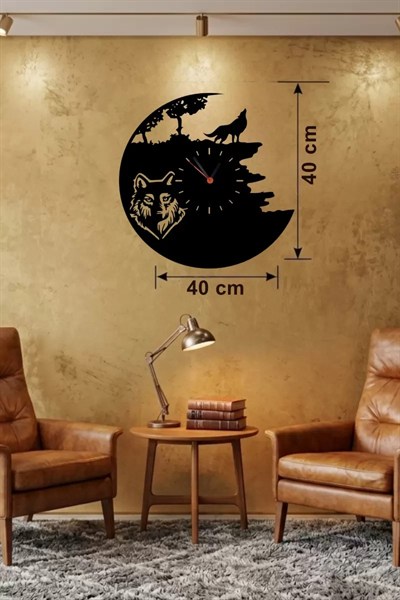 Mey İthalat® Kurt Temalı Lazer Kesim Ahşap Duvar Saati - 40x40 cm Dekoratif