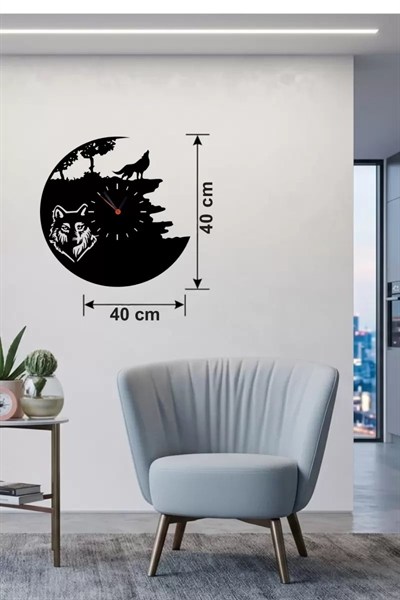 Mey İthalat® Kurt Temalı Lazer Kesim Ahşap Duvar Saati - 40x40 cm Dekoratif
