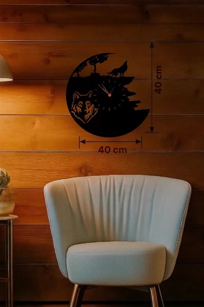 Mey İthalat® Kurt Temalı Lazer Kesim Ahşap Duvar Saati - 40x40 cm Dekoratif