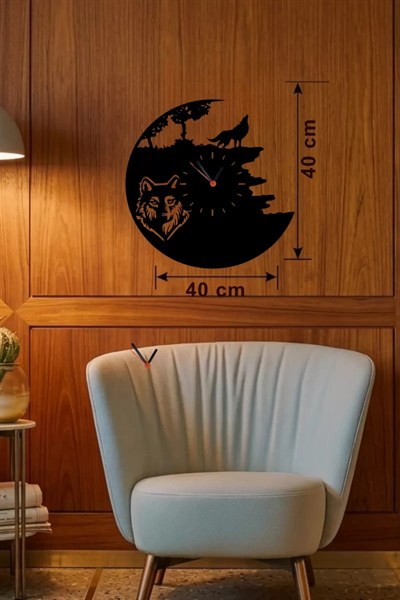 Mey İthalat® Kurt Temalı Lazer Kesim Ahşap Duvar Saati - 40x40 cm Dekoratif