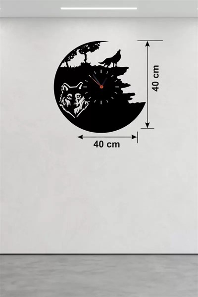 Mey İthalat® Kurt Temalı Lazer Kesim Ahşap Duvar Saati - 40x40 cm Dekoratif