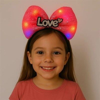 Mey İthalat® LED Işıklı Love Yazılı Fuşya Fiyonk Taç – Kız Çocuk Parti Tacı