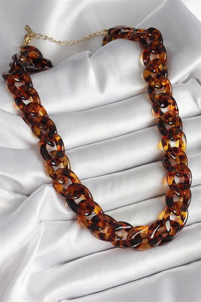 Mey İthalat® Leopar Desenli Mika Kalın Zincir Kadın Kolye