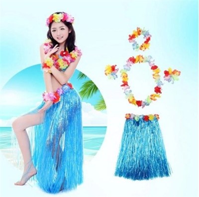 Mey İthalat® Luau Aloha Hawaii Partisi  Etek Taç ve Bileklik Seti Mavi