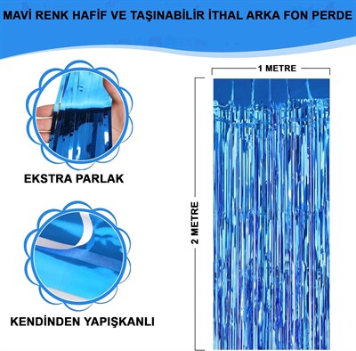 Mey İthalat® Mavi Renk Ekstra Metalize Parlak Saçaklı Arka Fon Perde İthal A Kalite 1x2 Metre