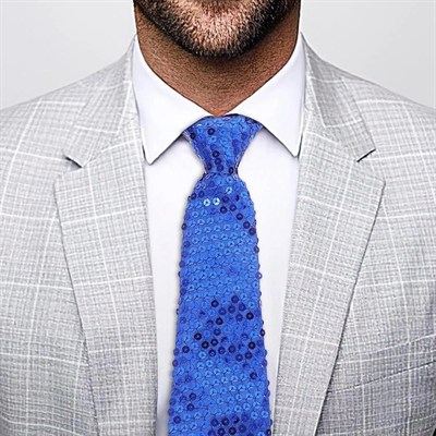 Mey İthalat® Mavi Renk Pul Payetli Işıltılı Parti Kravatı 33 cm