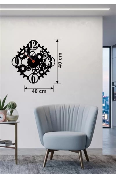 Mey İthalat® Mekanik Dişli Çark Tasarım Ahşap Duvar Saati - 40x40 cm Steampunk Dekor