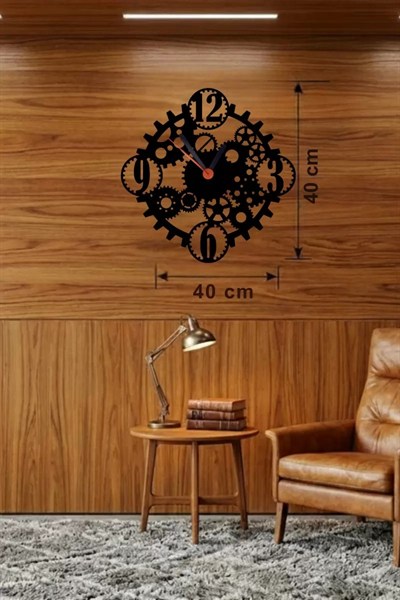 Mey İthalat® Mekanik Dişli Çark Tasarım Ahşap Duvar Saati - 40x40 cm Steampunk Dekor