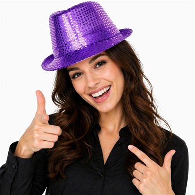 Mey İthalat® Mor Payetli Disco Parti Şapkası Yetişkin Işıltılı Fötr Model