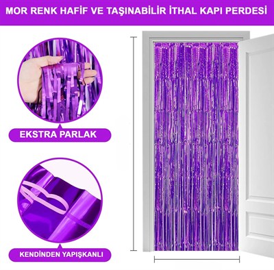 Mey İthalat® Mor Renk Ekstra Metalize Parlak Saçaklı Arka Fon Perde İthal A Kalite 1x2 Metre