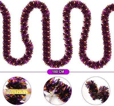 Mey İthalat® Mor Turuncu Renk 4 cm Genişlik Garland Çift Renk Sim Süs 180 cm