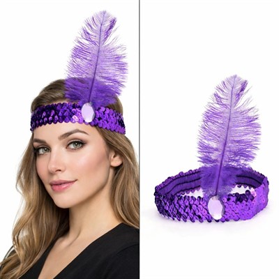 Mey İthalat® Mor Tüylü Retro Çarliston Saç Bandı - 70-80-90’lar Parti Tacı