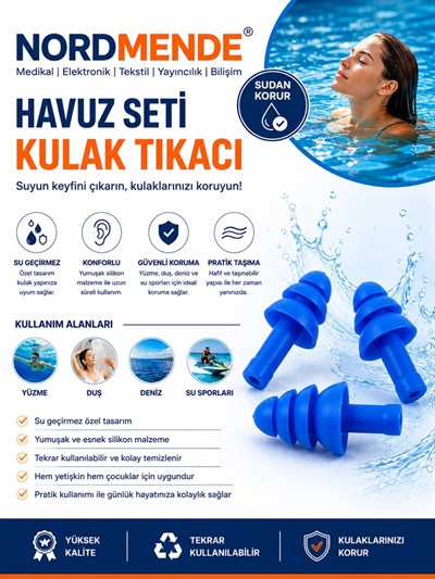 Mey İthalat® NORDMENDE Havuz Seti Silikon Kulak Tıkacı Su Sporları Yüzme Deniz Duş İçin Su Geçirme Engel Tıkaç