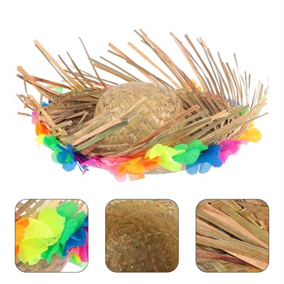 Mey İthalat® Naturel Renk Püsküllü Örme Hasır Hawaii Luau Aloha Şapka 13x36 cm