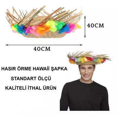 Mey İthalat® Naturel Renk Püsküllü Örme Hasır Hawaii Luau Aloha Şapka 13x36 cm