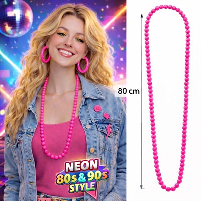 Mey İthalat® Neon Pembe Boncuk Kolye 80 cm – Retro 80’ler 90’lar Parti Aksesuarı