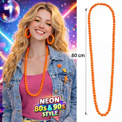 Mey İthalat® Neon Turuncu Boncuk Kolye 80 cm – Retro 80’ler 90’lar Parti Aksesuarı