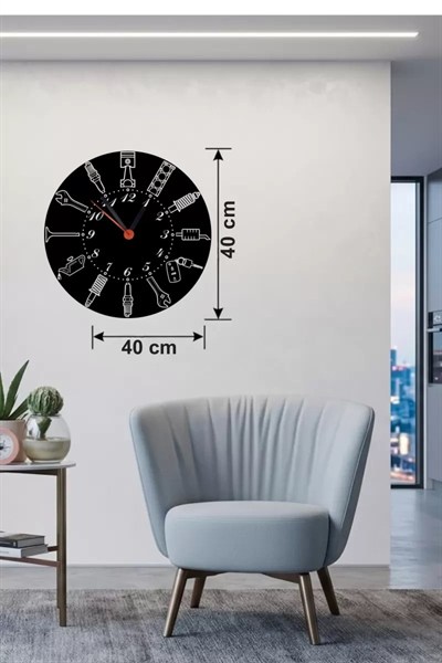 Mey İthalat® Otomobil Parçaları Tasarım Ahşap Duvar Saati - 40x40 cm Mekanik Saat