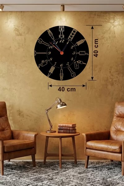 Mey İthalat® Otomobil Parçaları Tasarım Ahşap Duvar Saati - 40x40 cm Mekanik Saat
