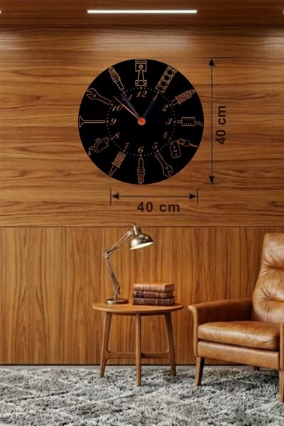 Mey İthalat® Otomobil Parçaları Tasarım Ahşap Duvar Saati - 40x40 cm Mekanik Saat
