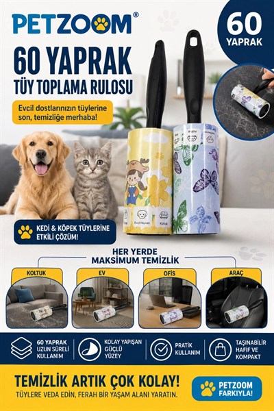 Mey İthalat® PETZOOM 60 Yaprak Tüy Toplama Rulosu Kedi Köpek Tüy Toplayıcı Ev Koltuk Araç Ofis Temizlik Rulosu