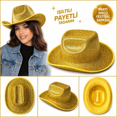 Mey İthalat® Parlak Altın Gold Kovboy Şapka Kadın Erkek Parti Disco Festival Şapkası