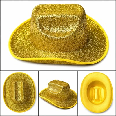 Mey İthalat® Parlak Altın Gold Kovboy Şapka Kadın Erkek Parti Disco Festival Şapkası