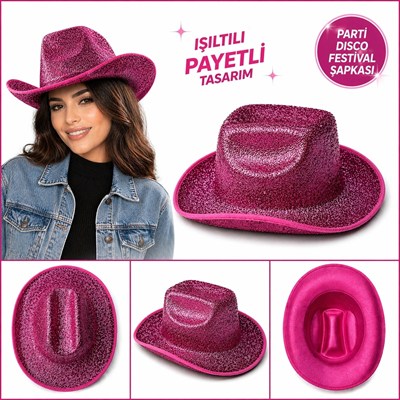 Mey İthalat® Parlak Pembe Kovboy Şapka Kadın Erkek Parti Disco Festival Şapkası