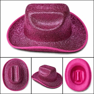Mey İthalat® Parlak Pembe Kovboy Şapka Kadın Erkek Parti Disco Festival Şapkası