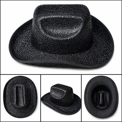 Mey İthalat® Parlak Siyah Kovboy Şapka Kadın Erkek Parti Disco Festival Şapkası