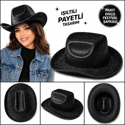 Mey İthalat® Parlak Siyah Kovboy Şapka Kadın Erkek Parti Disco Festival Şapkası