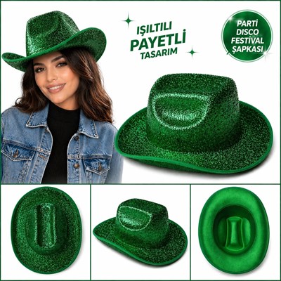 Mey İthalat® Parlak Yeşil Kovboy Şapka Kadın Erkek Parti Disco Festival Şapkası