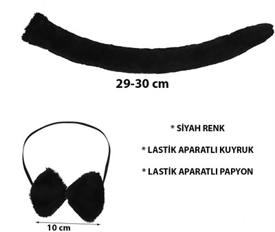 Mey İthalat® Peluş Siyah Renk Kuyruk ve Papyon Yetişkin Çocuk Uyumlu