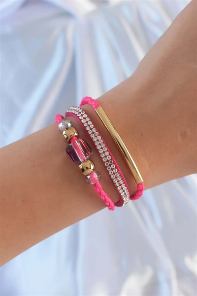 Mey İthalat® Pembe Renk Zirkon Taşlı Deri Çoklu Bileklik