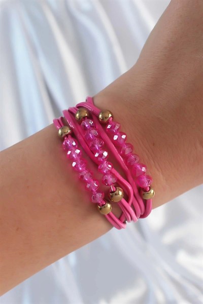 Mey İthalat® Pembe Renk Zirkon Taşlı İpli Çoklu Bileklik