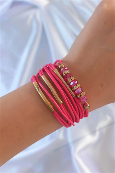 Mey İthalat® Pembe Renk Zirkon Taşlı Metal Aksesuarlı İpli Çoklu Bileklik