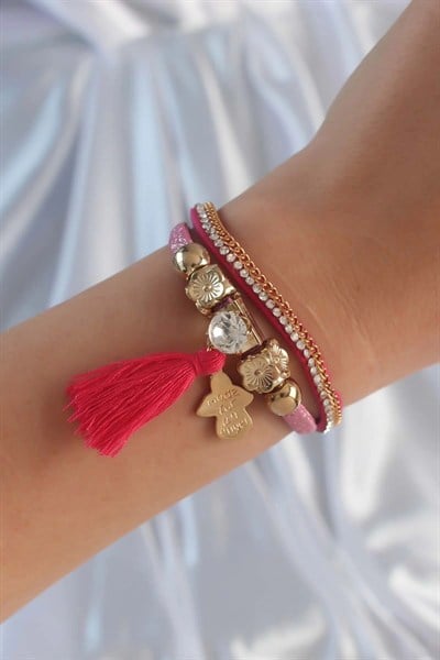 Mey İthalat® Pembe Renk Zirkon Taşlı Püskül Detay Deri Çoklu Bileklik