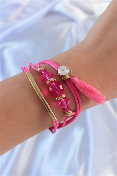 Mey İthalat® Pembe Zirkon Taşlı İpli Püskül Detay Çoklu Bileklik